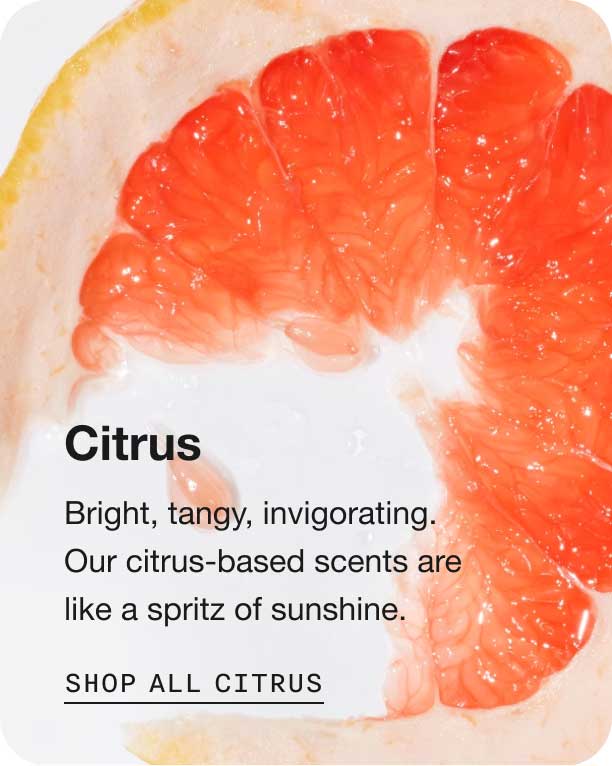 Citrus. Bright, tangy, invigorating.
Our citrus-based scents are
like a spritz of sunshine. Shop All Citrus